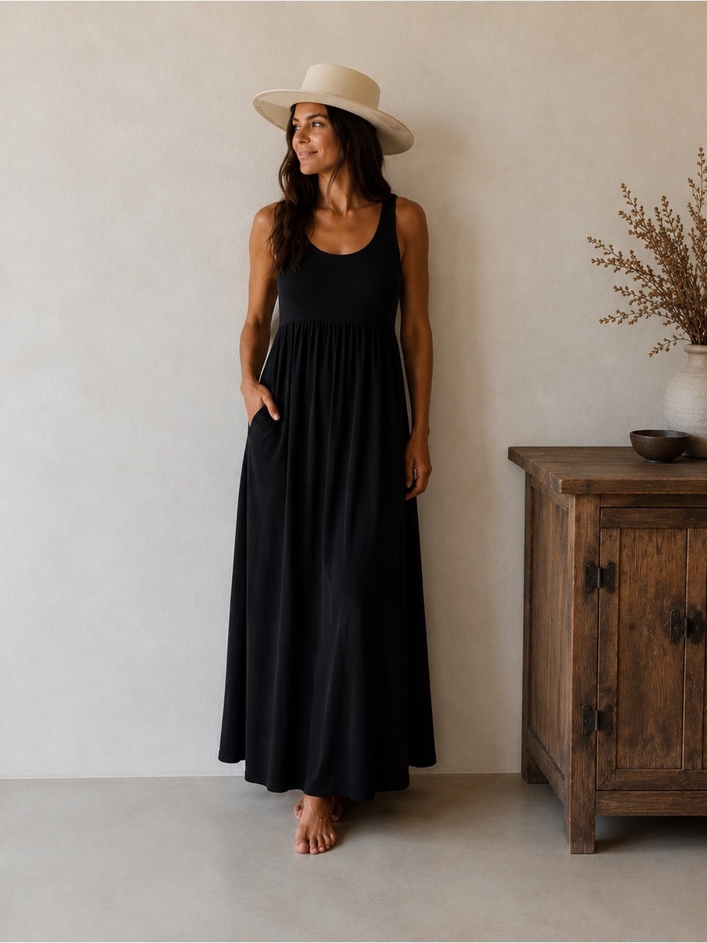 Black Sleeveless Maxi Dress w/ pockets Minimalist Boho Layer